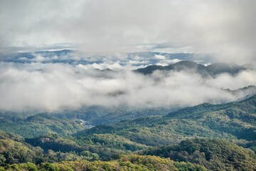 朝靄漂う夏の登山風景