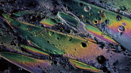 Iridescent elongated forms and bubbles in a textured, multi-colored abstract pattern