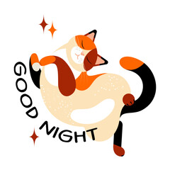 clip art with a cute sleeping cat and a good night message. flat drawing. stock vector illustration. EPS 10.