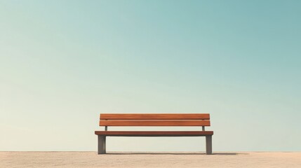 Obraz premium Simple wooden bench under a clear sky in a tranquil outdoor space for relaxation