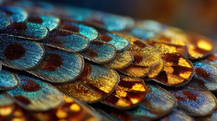 Iridescent overlapping scales shine in blues, golds, and browns. Focus on textures