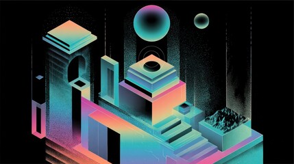 Isometric architecture with spheres and stairs