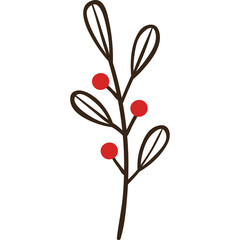 Minimalist botanical illustration of a thin stem with three red berries and four brown outlined leaves on a transparent background