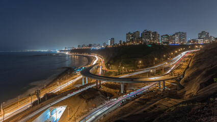 Aerial view of Lima's Coastline in the neighborhood of Miraflores day to night timelapse, Lima, Peru
