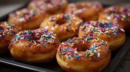 A close up view of a tray filled with sweet glazed donuts adorned with vibrant colorful sprinkles ready to be enjoyed