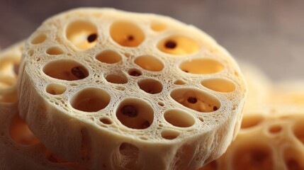 Lotus root slice with visible seed cavities