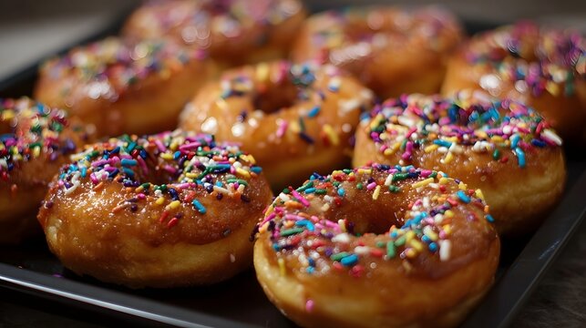 A close up view of a tray filled with sweet glazed donuts adorned with vibrant colorful sprinkles ready to be enjoyed - Powered by Adobe