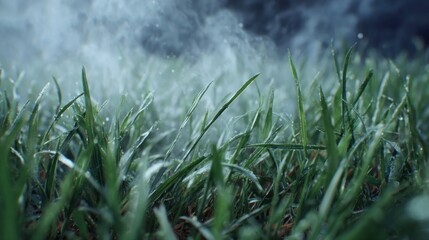Low angle view of damp, green grass with misty fog in the background on a dark day