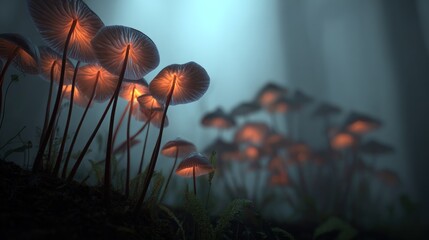 Luminous mushrooms glow in a dimly lit forest scene, emanating warm, ethereal light