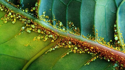 Macro image capturing a vibrant green leaf vein, dusted with yellow and reddish particles