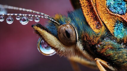 Macro shot of a butterfly's head with vibrant colors and dew drops, pink background