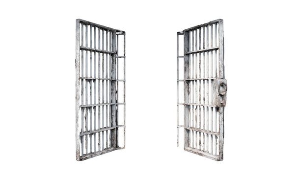 Two weathered, metallic jail cell doors stand open against a stark black background
