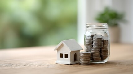 Miniature white house with stacks of coins and glass jar full of coins suggesting property investment, home ownership, savings for mortgage, house expenses and real estate
