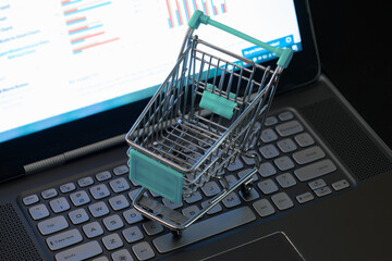 Miniature Shopping Cart on Laptop Displaying E Commerce Business Data