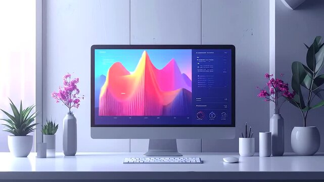 Modern desktop setup featuring illuminated display showing vibrant data visualization