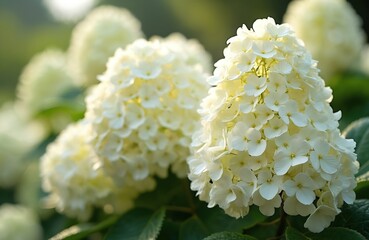 Closeup to white Hydrangea paniculata flowers blooming on bush in garden. Natural floral background with fresh creamy hortensia. Freshness, bloom, floral botanical backdrop. Ornamental Hydrangea