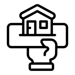 Hand and board with house line icon, real estate concept. Vector graphics. Cottage building mockup, funding sign on white background, style icon mobile or web design.