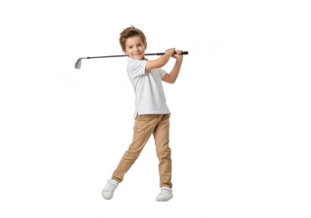 Young boy in casual clothes swinging a golf club, ready to hit the ball, isolated on transparent background