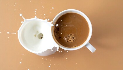 An overhead shot captures a cup of coffee with milk splashing out of another. The liquid creates dynamic forms against a neutral, warm background