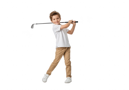 Young boy in casual clothes swinging a golf club, ready to hit the ball, isolated on transparent background