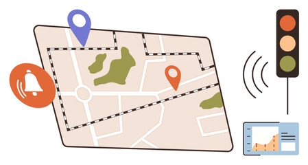 Map with route, location pins, alert icon, traffic signal, and analytics chart. Ideal for navigation, journey planning, traffic management, analytics GPS tracking urban design simple flat metaphor