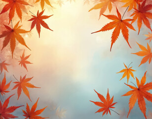 Fototapeta premium Autumn maple leaves frame a bright sky gradient. Orange red foliage floats against soft blue and yellow background colors. Season change nature background design element.