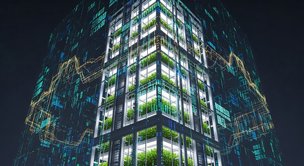Futuristic building with vertical gardens and digital overlay at night time showcasing innovation ai generated