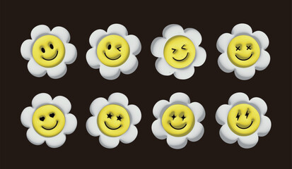 A cute set of 3D-style daisy flower smiley emojis with playful expressions like winks, stars, and lightning-like eyes. Perfect for social media, trendy stickers, vintage 90s, and groovy design themes.