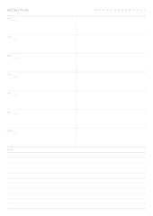 A weekly plan design template in a modern, simple, and minimalist style. Note, scheduler, diary, calendar, planner document template illustration.