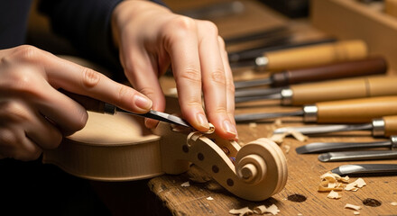 Female luthier carving violin scroll on workbench with chisels, craftsmanship and precision in musical instrument making