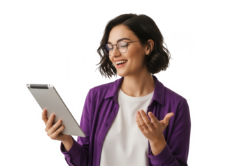 Woman in purple shirt looking at tablet smiling isolated on transparent background