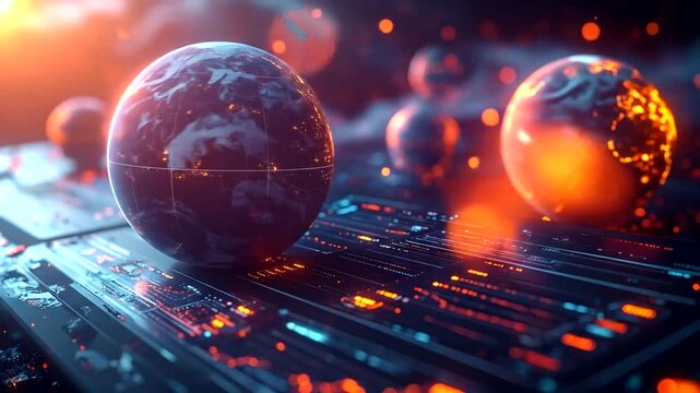 Glowing terrestrial spheres resting upon intricate digital circuitry in a dark, vibrant setting