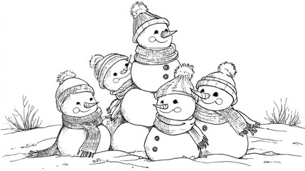 A festive group of snowmen, some stacked, wear hats and scarves