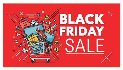 Black friday sale shopping cart full of gifts and discounts