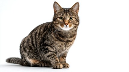 Obraz premium Studio portrait of a sitting tabby cat looking forward against a white back ground