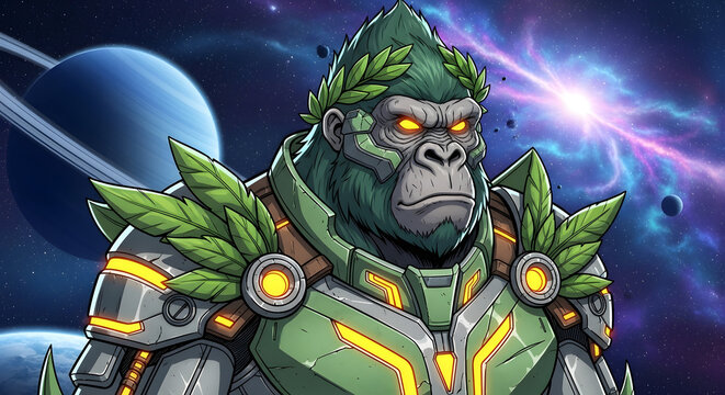 A powerful gorilla warrior in futuristic armor with a laurel wreath - Powered by Adobe
