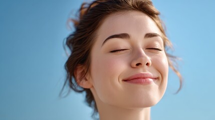A close-up of a person face with eyes closed and a gentle smile, symbolizing a balanced and happy life. Mindfulness, positive thinking, and a growth mindset.