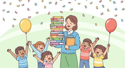 A happy teacher holding a stack of books surrounded by joyful children with balloons and falling confetti, celebrating education.