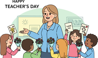 A happy teacher receiving flowers and cards from diverse students on Teacher's Day.
