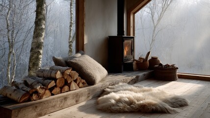 Scandinavian cabin interior, wood-burning stove, birch logs stacked neatly, sheepskin rug