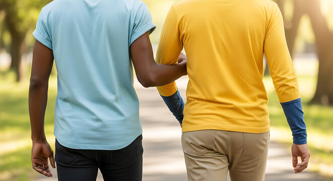 Diverse men walking arm-in-arm outdoors, symbolizing companionship and support on a sunny park path - Powered by Adobe