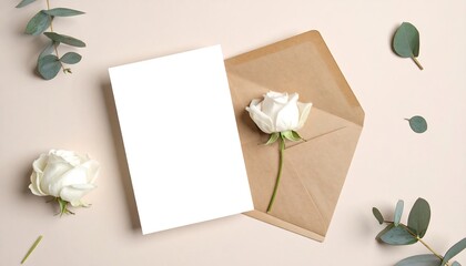 An overhead shot displays an empty greeting card next to a kraft envelope, holding a white rose. Eucalyptus branches and petals are arranged in the background