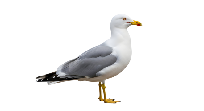 Elegant seagull standing tall with vibrant yellow beak, perfect for coastal designs or wildlife projects, showcasing natural beauty and serene coastal vibes