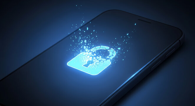 Modern phone security for data safety and protection, smartphone displays unlocked padlock. Phone security for data transfer and information access includes unlocking via biometrics.