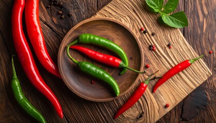 An overhead shot captures vibrant red and green chili peppers artfully arranged on a wooden cutting board and in a small wooden bowl