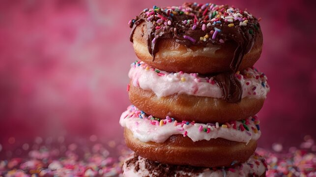 A vibrant stack of delicious donuts layered with colorful frostings and sprinkles set against a soft pink bokeh background