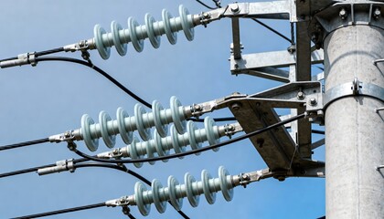 Medium shot focused on upgraded transmission infrastructure featuring new insulators and wiring components enhancing the durability and capacity of power lines.