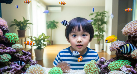 Asian child watching tropical fish in home aquarium, curiosity and learning in bright interior