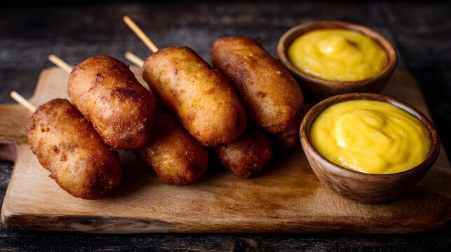 Golden brown corn dogs on sticks are served with mustard dip on a rustic wooden board