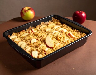 An overhead shot depicts a fresh-baked apple crisp in a black rectangular baking pan, garnished with apple slices and placed on a brown surface. Two apples sit behind